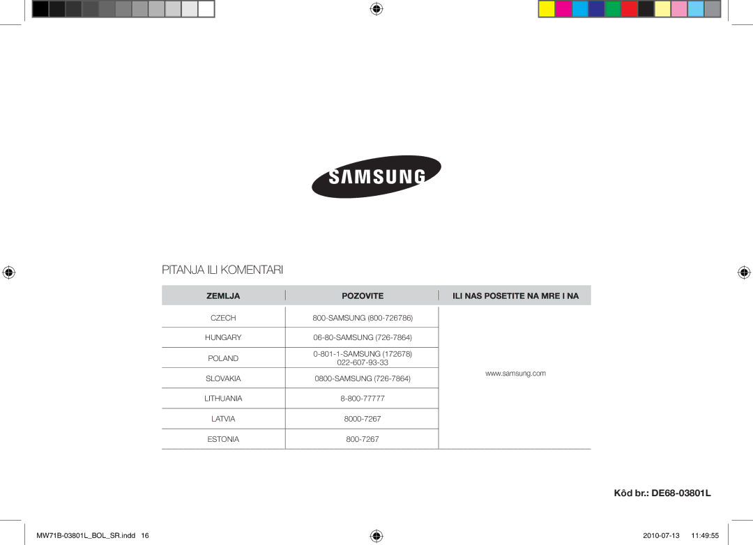 Samsung MW71B/XEO, MW71B/FAL, MW71B/XSV, MW71B/BOL, MW73B/BAL, MW71B/ELE, MW71B/XEG manual Kôd br. DE68-03801L, Czech 