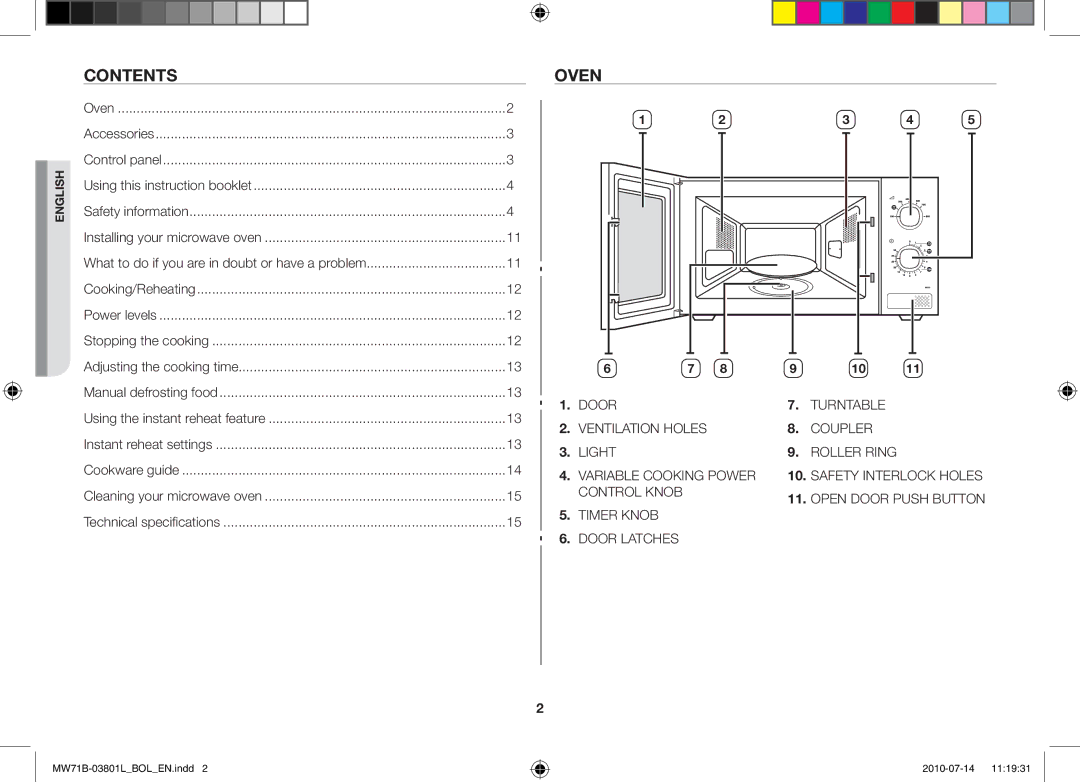 Samsung MW71B/ELE, MW71B/FAL, MW71B/XSV, MW71B/BOL, MW71B/XEO, MW73B/BAL, MW71B/XEG manual Contents, Oven 