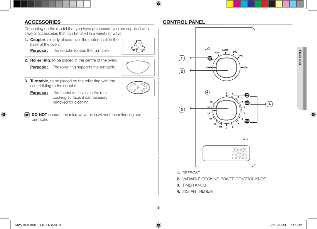 Samsung MW71B/XEG, MW71B/FAL, MW71B/XSV, MW71B/BOL, MW71B/XEO, MW73B/BAL, MW71B/ELE manual Accessories, Control panel 