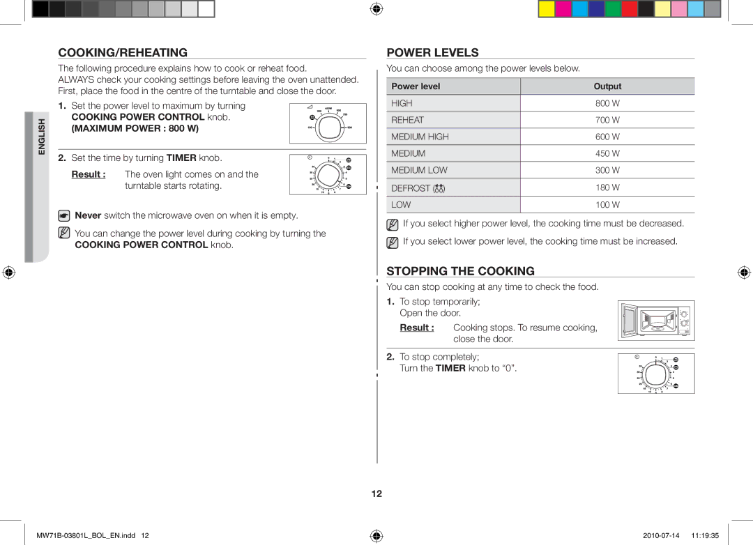 Samsung MW71B/XSV, MW71B/FAL, MW71B/BOL, MW71B/XEO Cooking/Reheating, Power levels, Stopping the cooking, Power level Output 