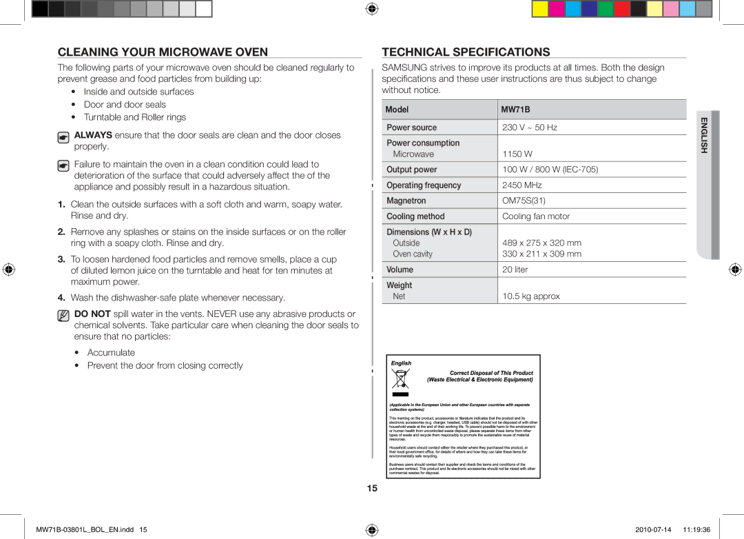 Samsung MW73B/BAL, MW71B/FAL, MW71B/XSV, MW71B/BOL, MW71B/XEO manual Cleaning your microwave oven, Technical specifications 