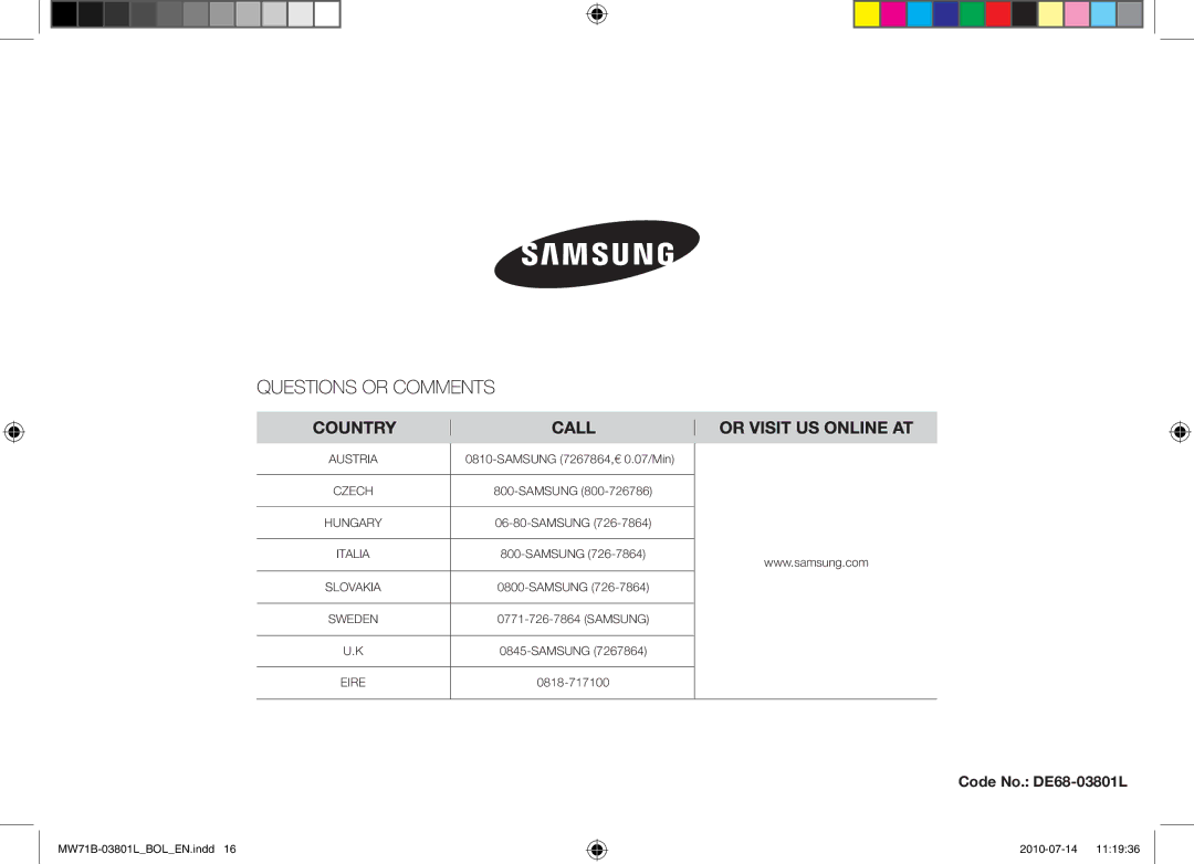 Samsung MW71B/ELE, MW71B/FAL, MW71B/XSV, MW71B/BOL, MW71B/XEO, MW73B/BAL, MW71B/XEG manual Code No. DE68-03801L 