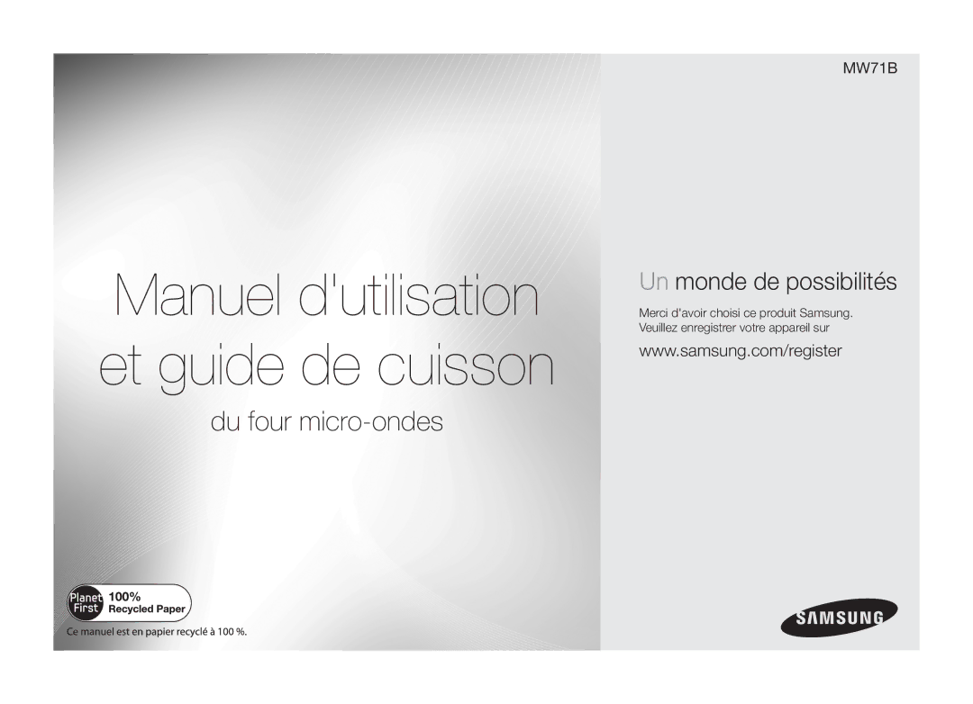 Samsung MW71B/XEF manual Manuel dutilisation et guide de cuisson 