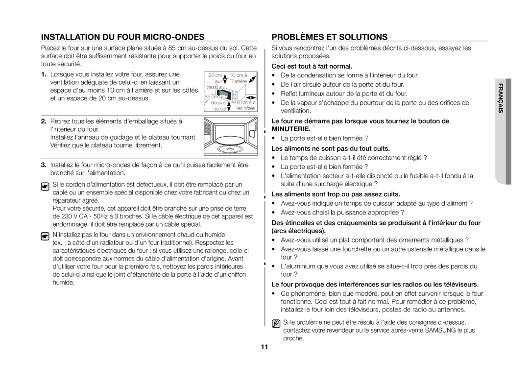 Samsung MW71B/XEF manual Installation du four micro-ondes, Problèmes et solutions 