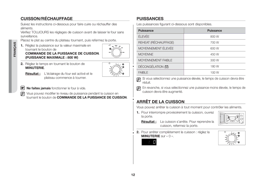 Samsung MW71B/XEF manual Cuisson/Réchauffage, Puissances, Arrêt de la cuisson 