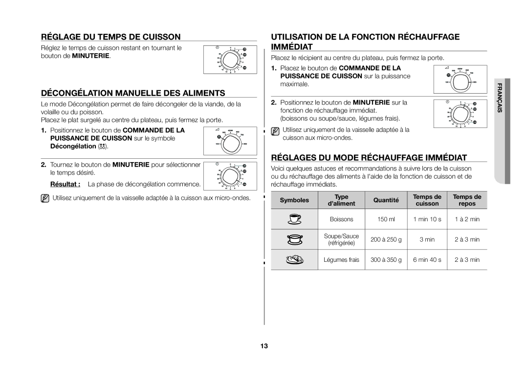 Samsung MW71B/XEF Réglage du temps de cuisson, Décongélation manuelle des aliments, Réglages du mode réchauffage immédiat 