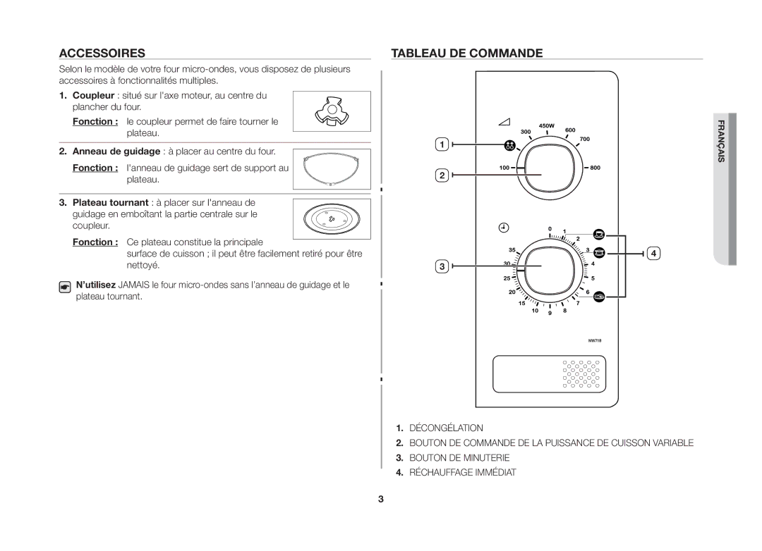 Samsung MW71B/XEF manual Accessoires, Tableau de commande 