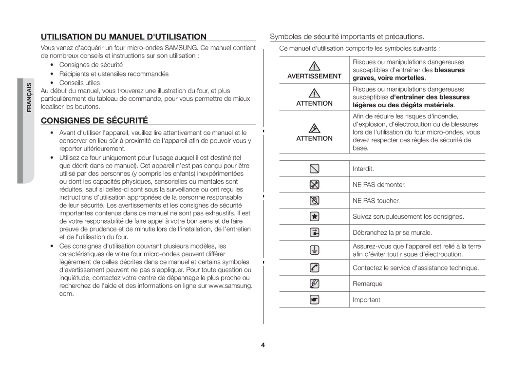 Samsung MW71B/XEF manual Utilisation du manuel dutilisation, Consignes de sécurité 