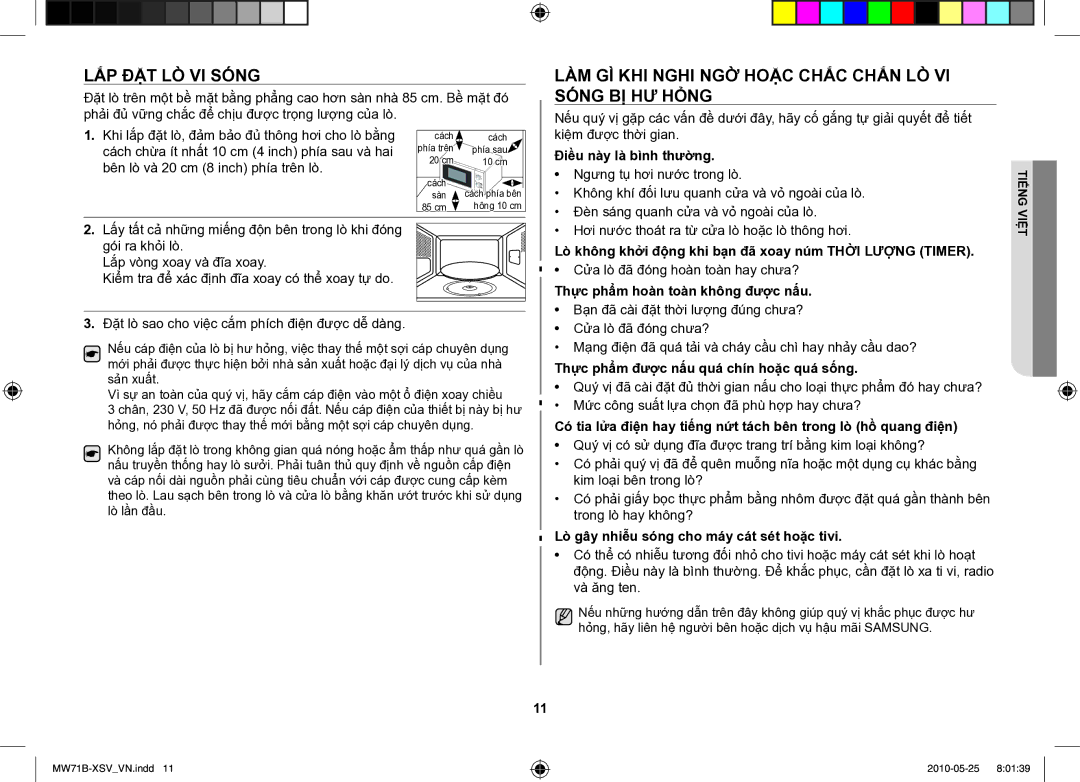 Samsung MW71B/XSV manual Lắp đặt lò vi sóng, Làm gì khi nghi ngờ hoặc chắc chắn lò vi sóng bị hư hỏng 