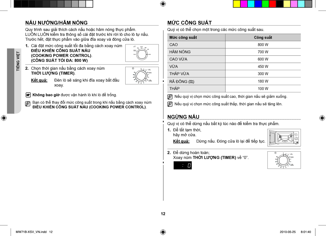 Samsung MW71B/XSV manual Nấu nướng/Hâm nóng, Ngừng nấu, Mức công suất Công suất 