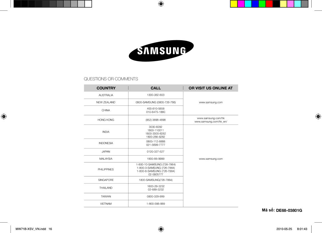 Samsung MW71B/XSV manual Mã số DE68-03801G 