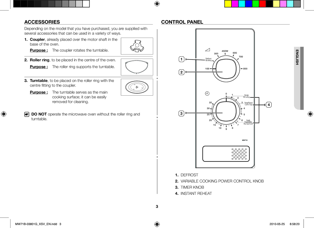 Samsung MW71B/XSV manual Accessories, Control panel 