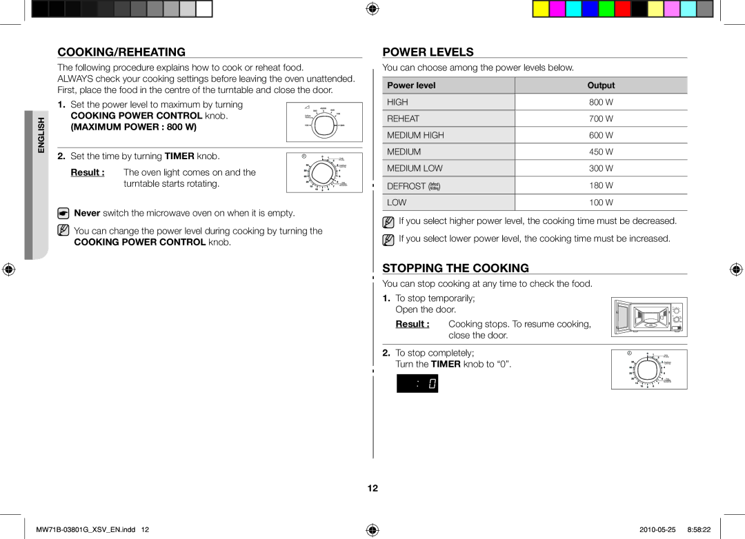 Samsung MW71B/XSV manual Cooking/Reheating, Power levels, Stopping the cooking, Power level Output 