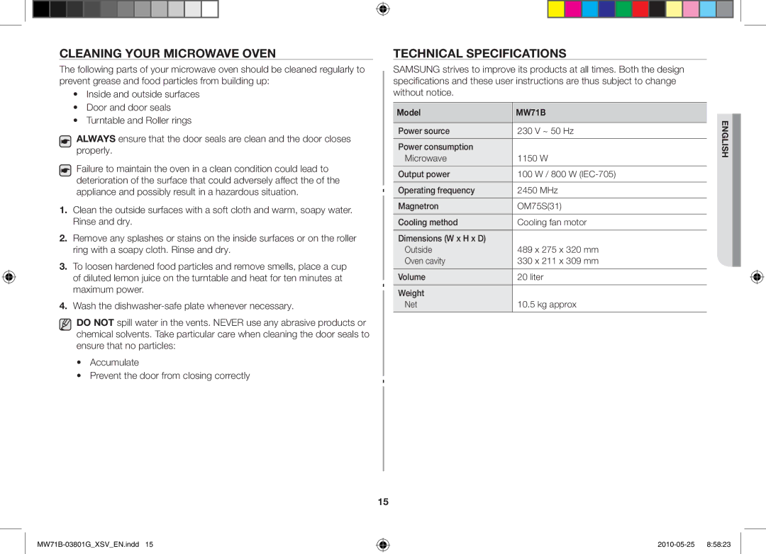 Samsung MW71B/XSV manual Cleaning your microwave oven, Technical specifications, Model 