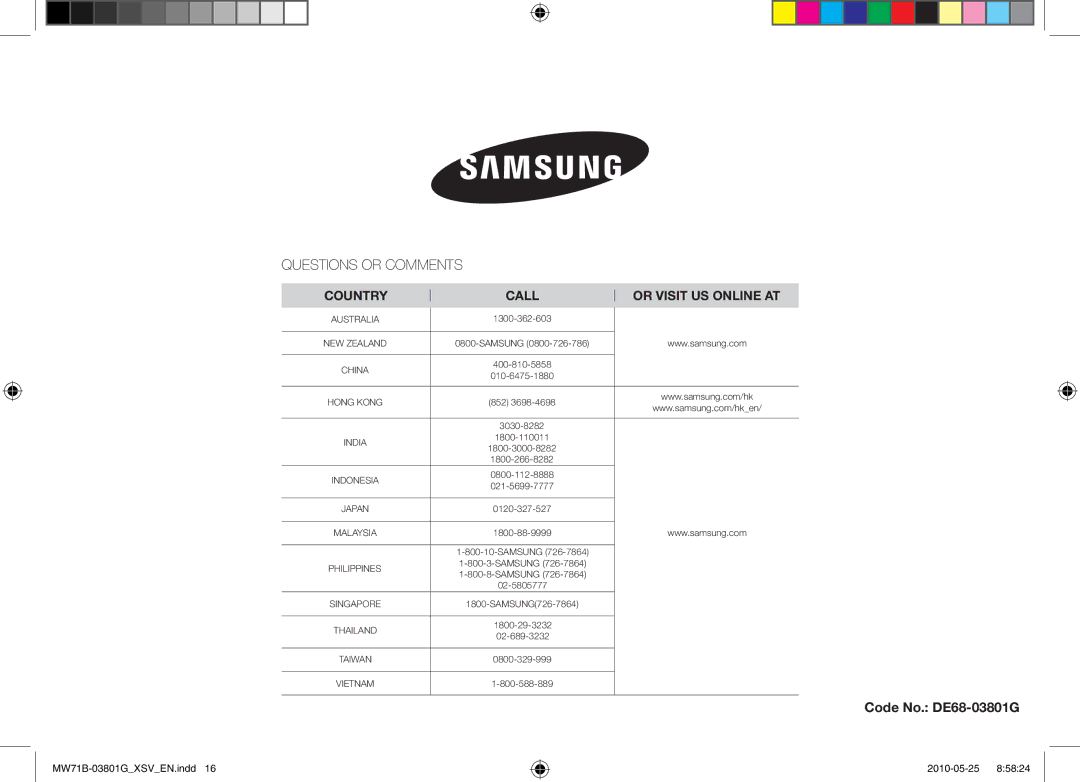 Samsung MW71B/XSV manual CoUNtry CALL Or vISIt US oNLINE At 