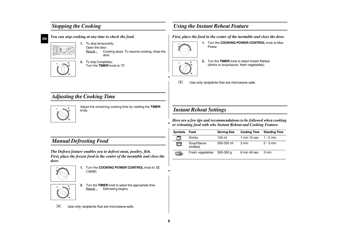 Samsung MW71C/BOL, MW71C/XEH manual Stopping the Cooking Using the Instant Reheat Feature, Adjusting the Cooking Time 