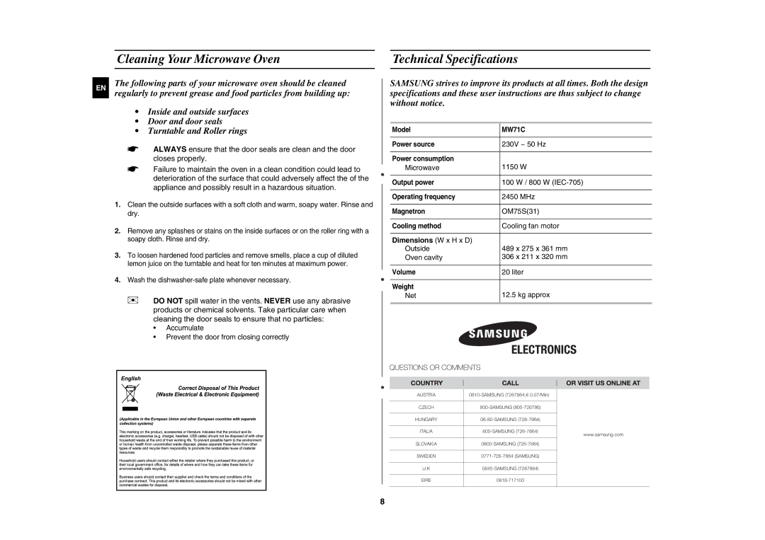 Samsung MW71C/BOL, MW71C/XEH manual Cleaning Your Microwave Oven Technical Specifications, Dimensions W x H x D 