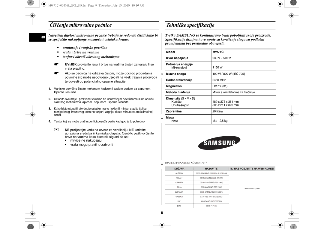 Samsung MW71C/BOL, MW71C/XEH manual Čišćenje mikrovalne pećnice Tehničke specifikacije 