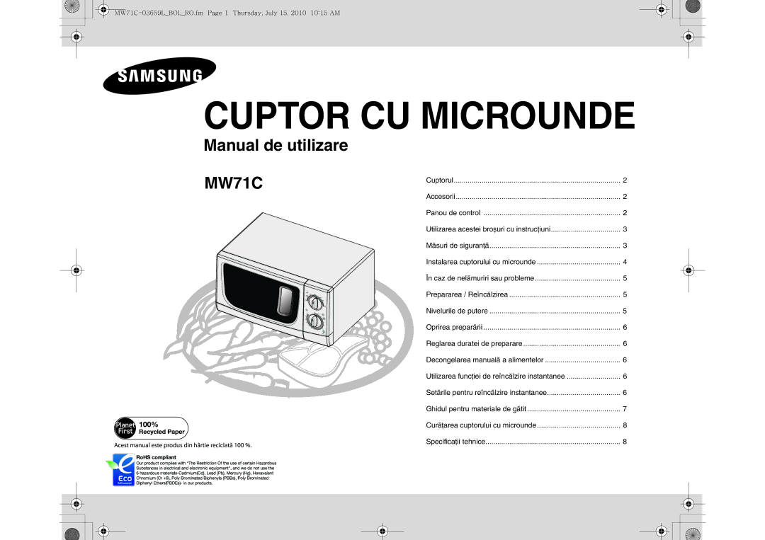 Samsung MW71C/XEH, MW71C/BOL manual Cuptor CU Microunde 