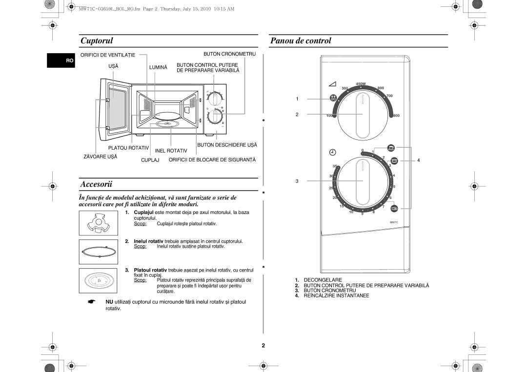 Samsung MW71C/BOL, MW71C/XEH manual Cuptorul Panou de control, Accesorii 