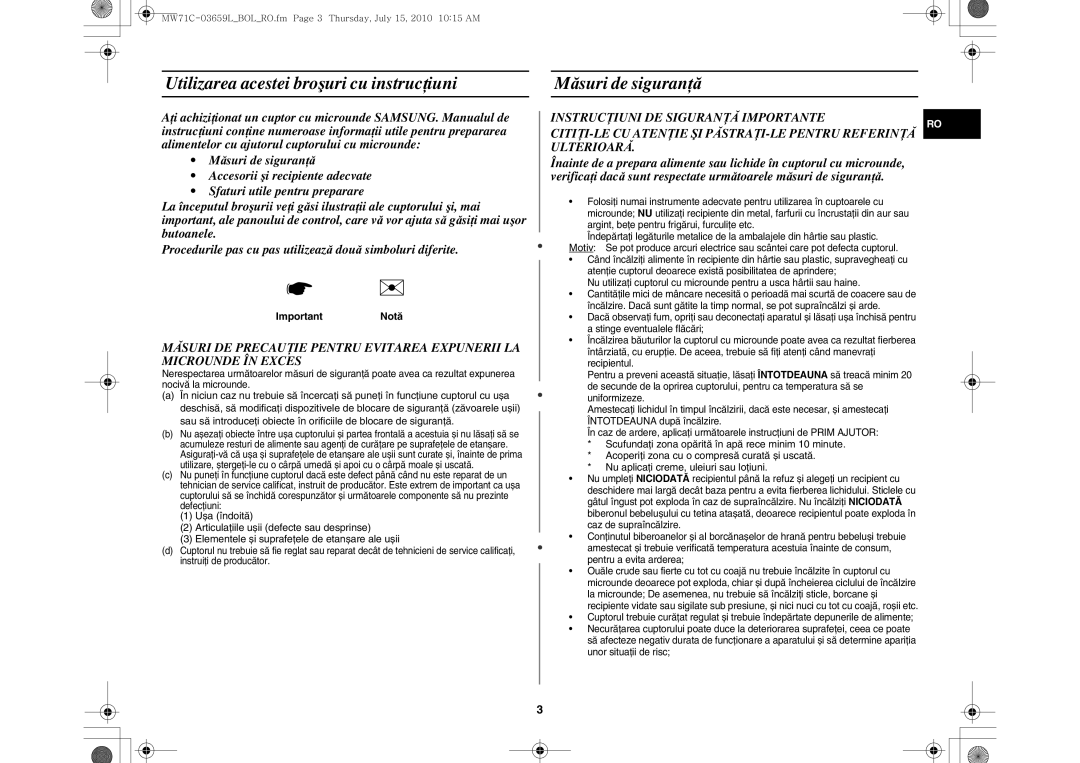 Samsung MW71C/XEH, MW71C/BOL manual Utilizarea acestei broşuri cu instrucţiuni, Măsuri de siguranţă, ImportantNotă 