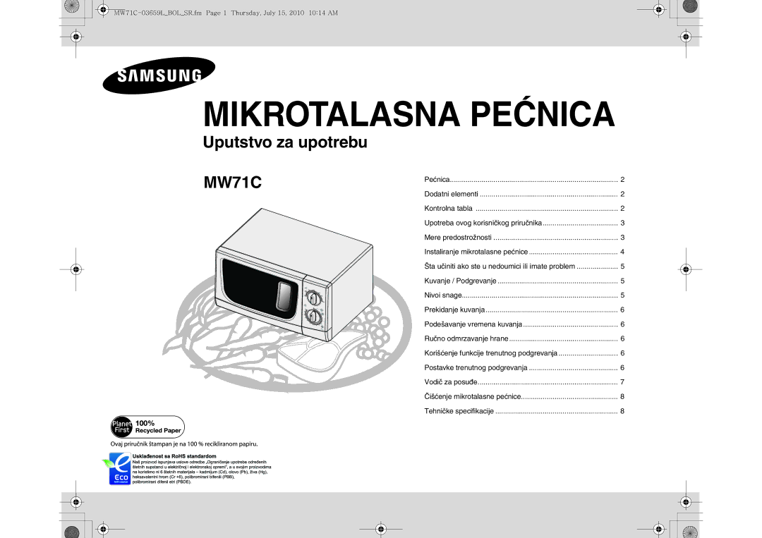 Samsung MW71C/XEH, MW71C/BOL manual Mikrotalasna Pećnica 