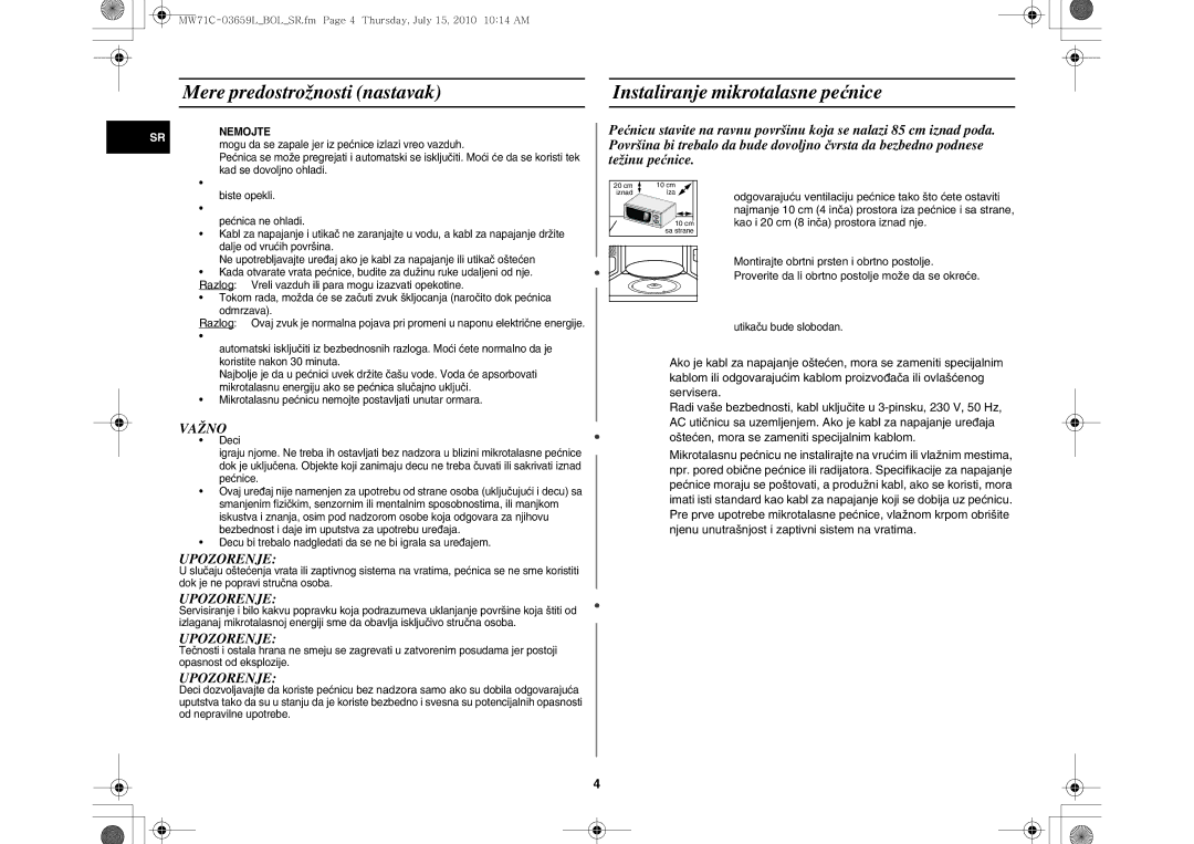 Samsung MW71C/BOL manual Odgovarajuću ventilaciju pećnice tako što ćete ostaviti, Kao i 20 cm 8 inča prostora iznad nje 