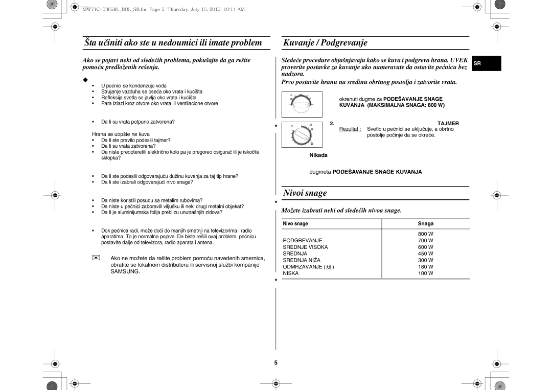 Samsung MW71C/XEH, MW71C/BOL manual Kuvanje / Podgrevanje, Nivoi snage, Šta učiniti ako ste u nedoumici ili imate problem 
