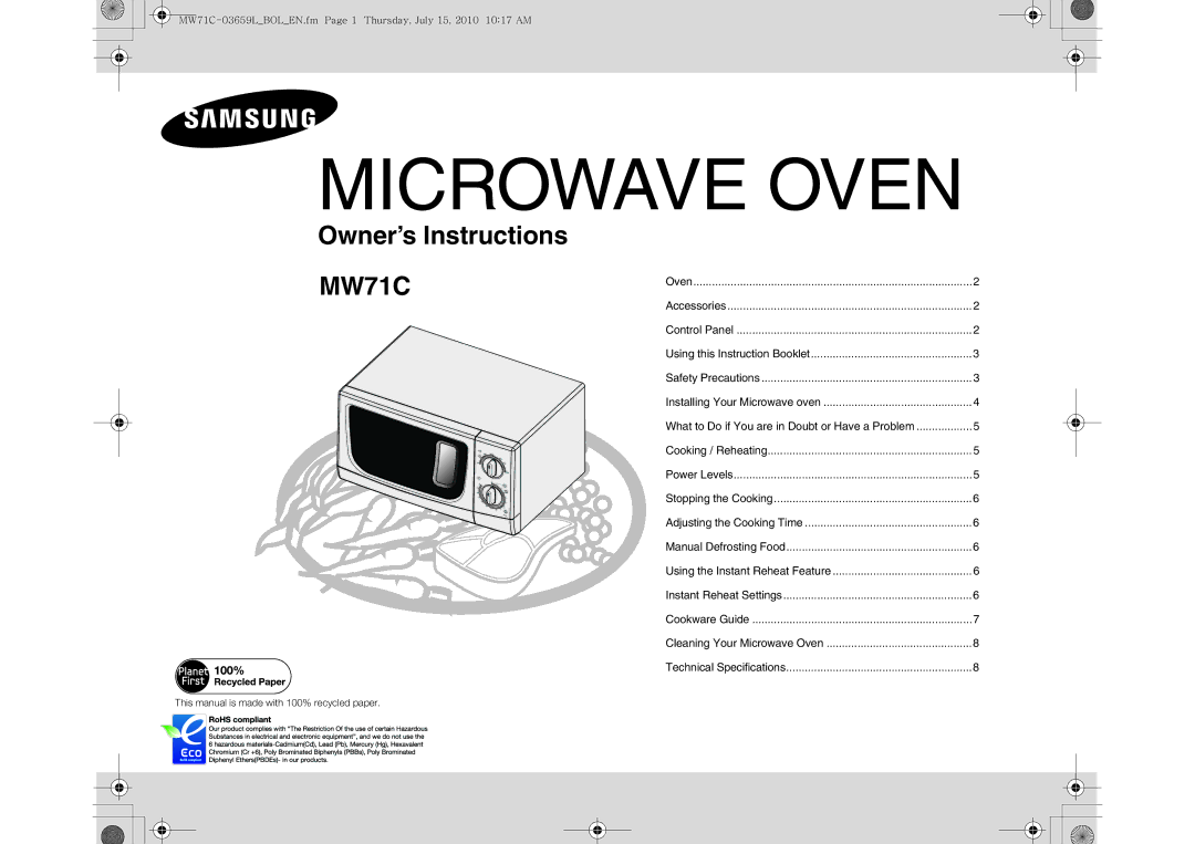 Samsung MW71C/XEH, MW71C/BOL manual Microwave Oven 