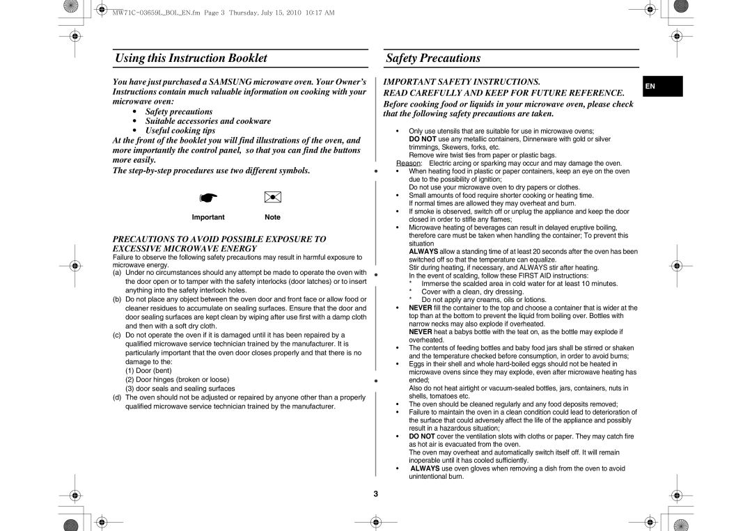 Samsung MW71C/XEH, MW71C/BOL manual Using this Instruction Booklet Safety Precautions 