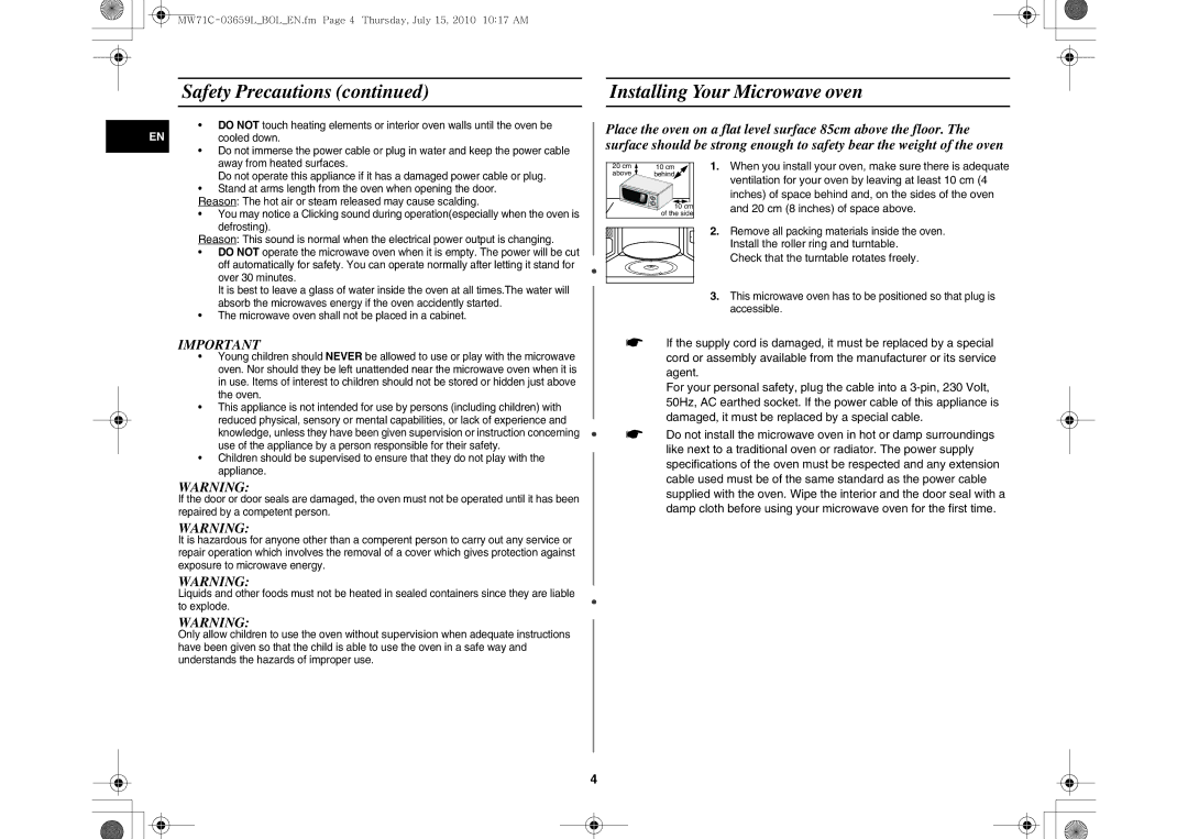 Samsung MW71C/BOL, MW71C/XEH manual Safety Precautions Installing Your Microwave oven, Over 30 minutes 