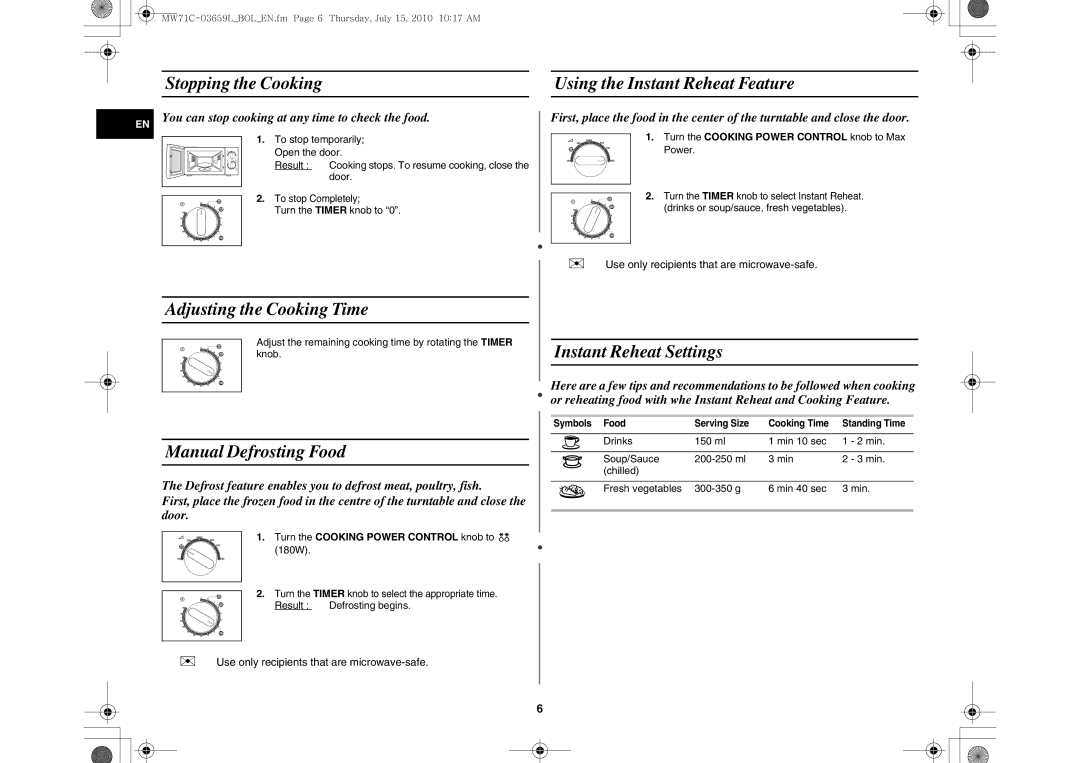 Samsung MW71C/BOL, MW71C/XEH manual Stopping the Cooking Using the Instant Reheat Feature, Adjusting the Cooking Time 