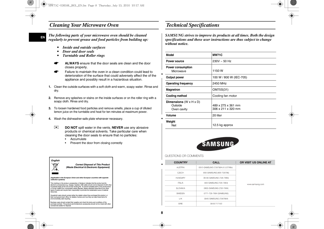 Samsung MW71C/BOL, MW71C/XEH manual Cleaning Your Microwave Oven Technical Specifications, Dimensions W x H x D 