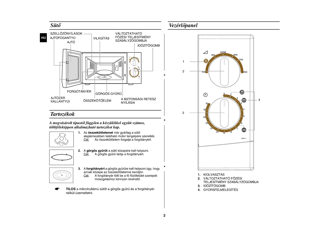 Samsung MW71C/BOL, MW71C/XEH manual Sütő, Tartozékok, Vezérlőpanel, Görgős gyűrűt a sütő közepére kell helyezni Cél 