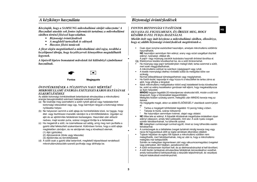 Samsung MW71C/XEH, MW71C/BOL manual Kézikönyv használata, Biztonsági óvintézkedések, FontosMegjegyzés 