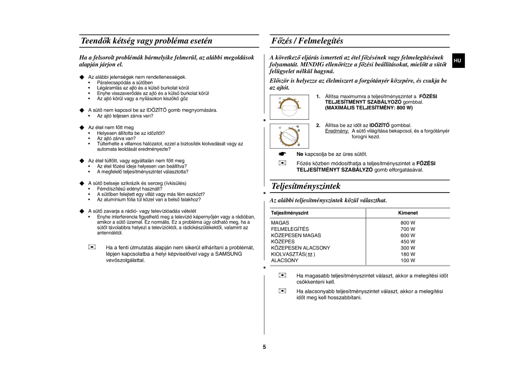 Samsung MW71C/XEH, MW71C/BOL manual Teendők kétség vagy probléma esetén, Főzés / Felmelegítés, Teljesítményszintek, Kimenet 