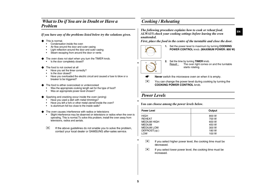 Samsung MW71C/BOL manual What to Do if You are in Doubt or Have a Problem, Cooking / Reheating, Power Levels 