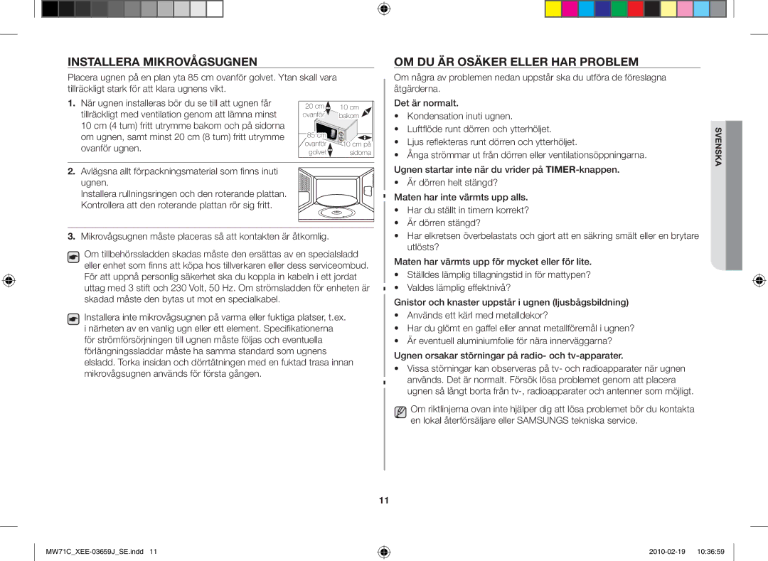 Samsung MW71C/XEE manual Installera mikrovågsugnen, Om du är osäker eller har problem 