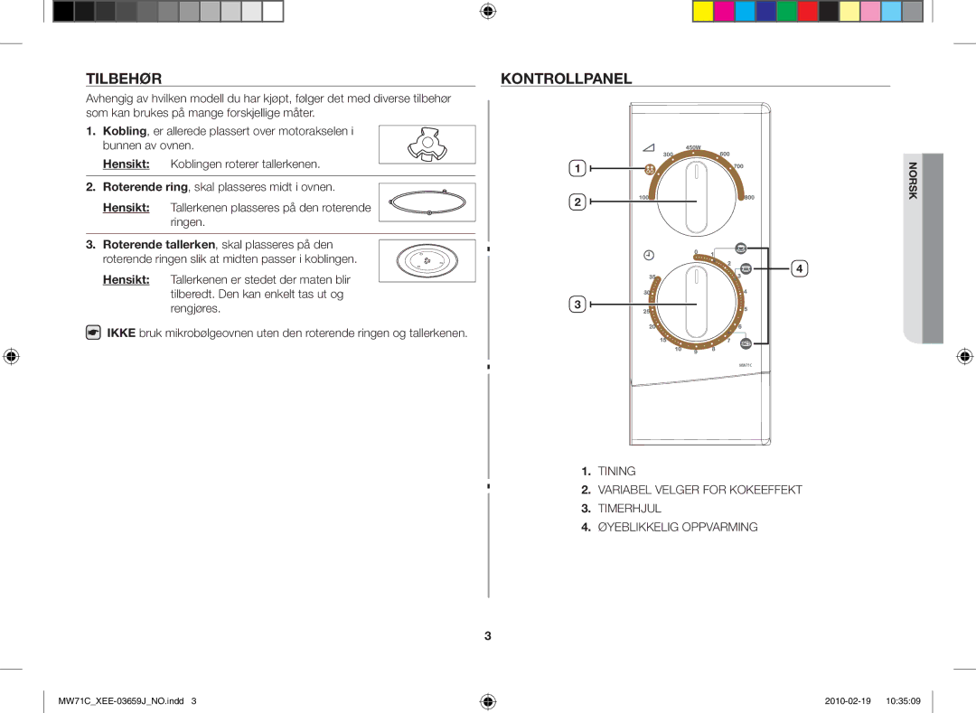 Samsung MW71C/XEE manual Tilbehør, Hensikt 