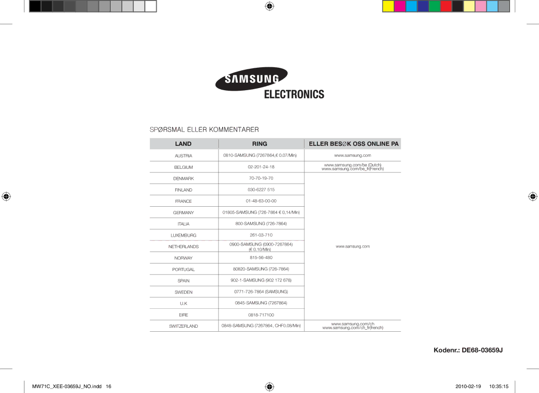 Samsung MW71C/XEE manual Kodenr. DE68-03659J 