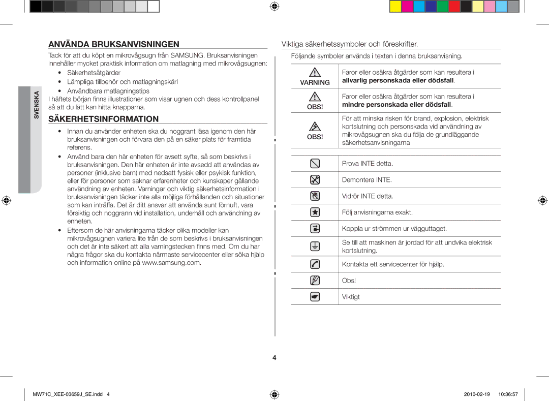 Samsung MW71C/XEE manual Använda bruksanvisningen, Säkerhetsinformation, Viktiga säkerhetssymboler och föreskrifter 