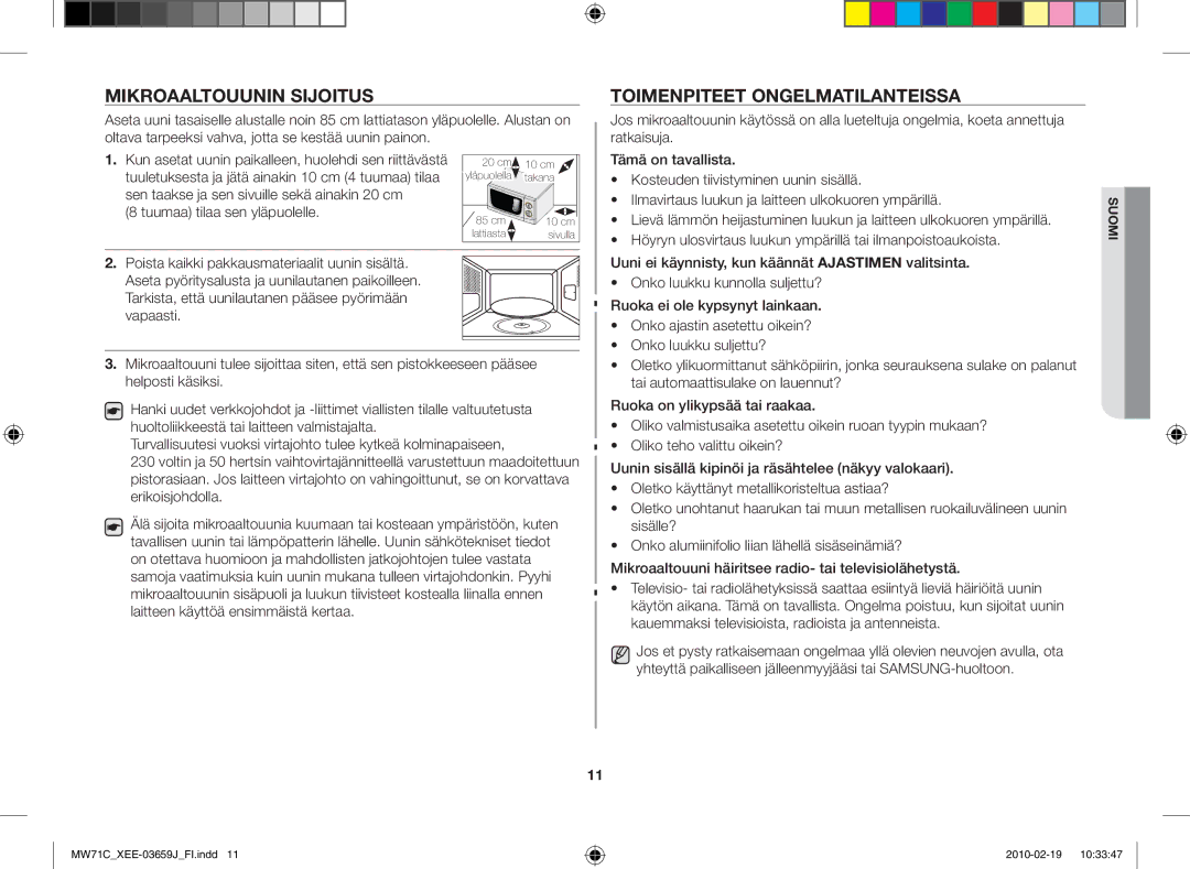 Samsung MW71C/XEE manual Mikroaaltouunin sijoitus Toimenpiteet ongelmatilanteissa, Tuumaa tilaa sen yläpuolelle 