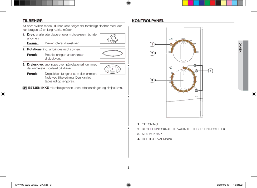 Samsung MW71C/XEE manual Tilbehør Kontrolpanel, Formål 