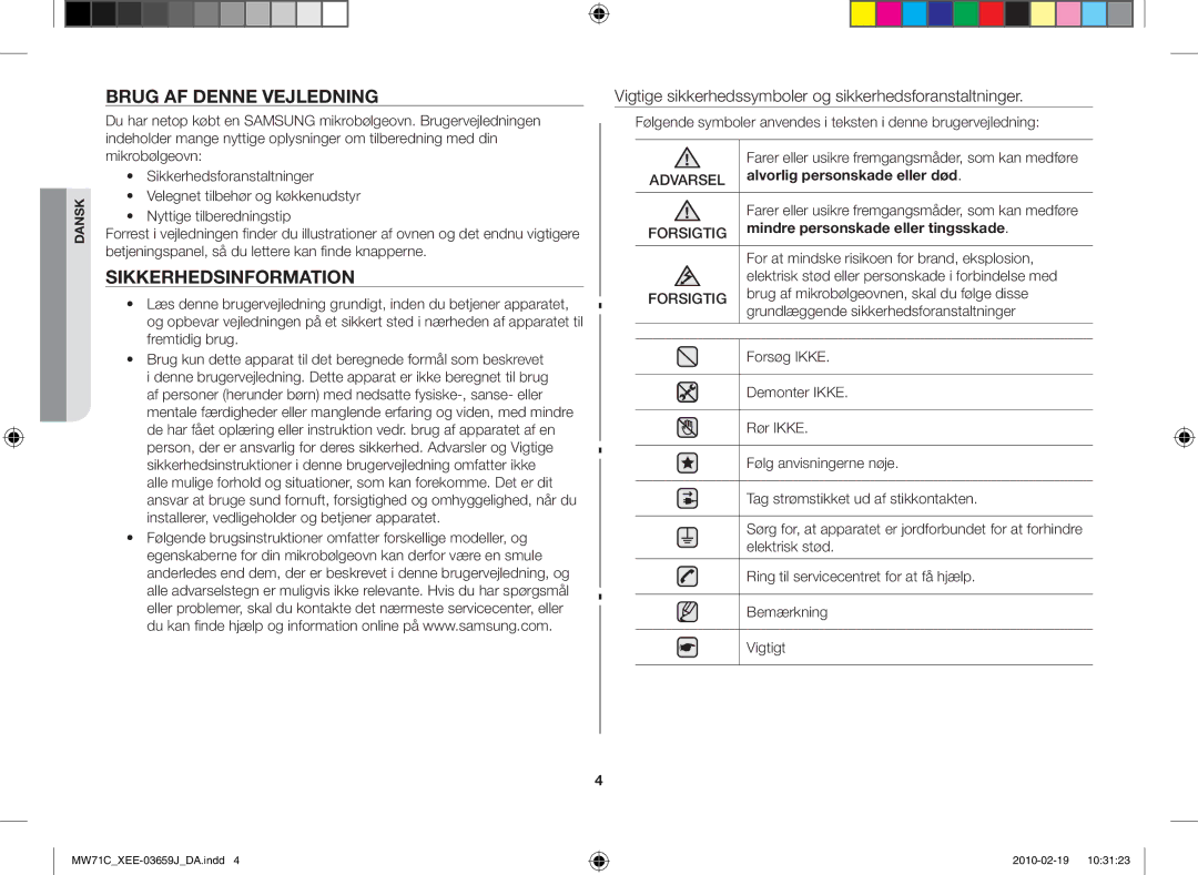 Samsung MW71C/XEE manual Brug af denne vejledning, Sikkerhedsinformation, Alvorlig personskade eller død 