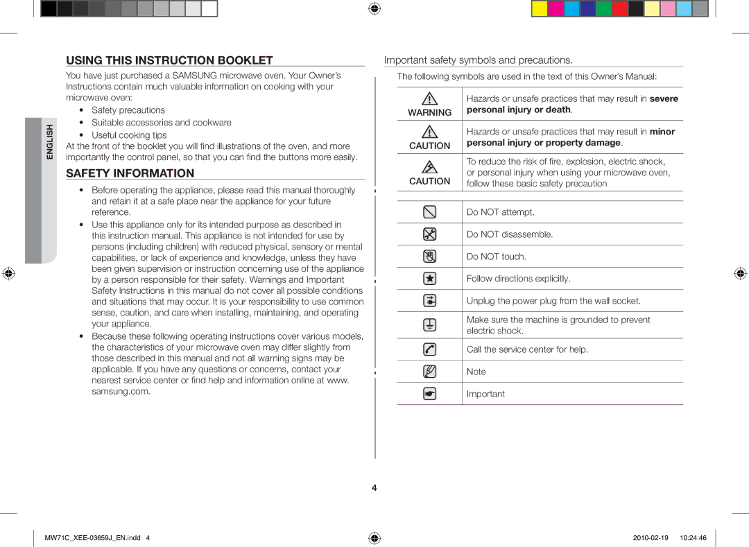 Samsung MW71C/XEE manual Using this instruction booklet, Safety information, Important safety symbols and precautions 