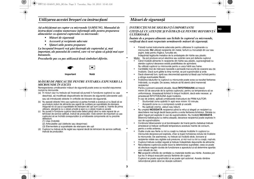 Samsung MW71E/XEH, MW71E/BOL manual ImportantNotă, Pentru a evita arderea 