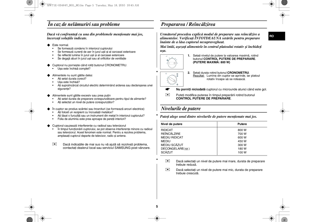 Samsung MW71E/XEH, MW71E/BOL manual În caz de nelămuriri sau probleme Prepararea / Reîncălzirea, Nivel de putere Putere 