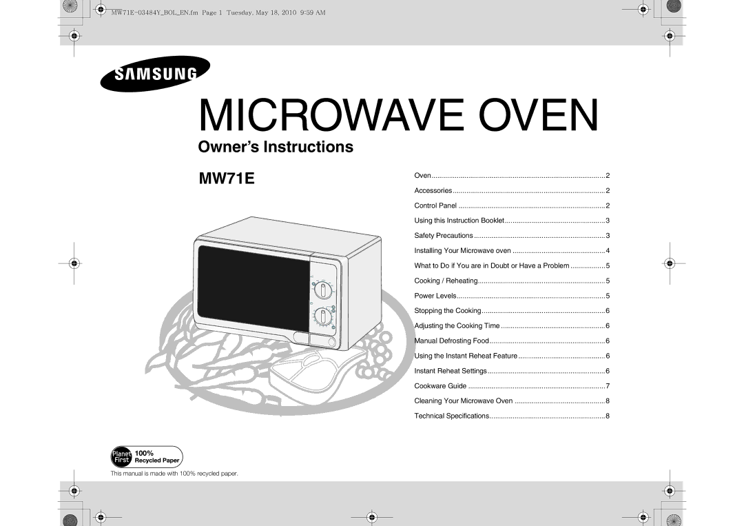 Samsung MW71E/XEH, MW71E/BOL manual Microwave Oven 