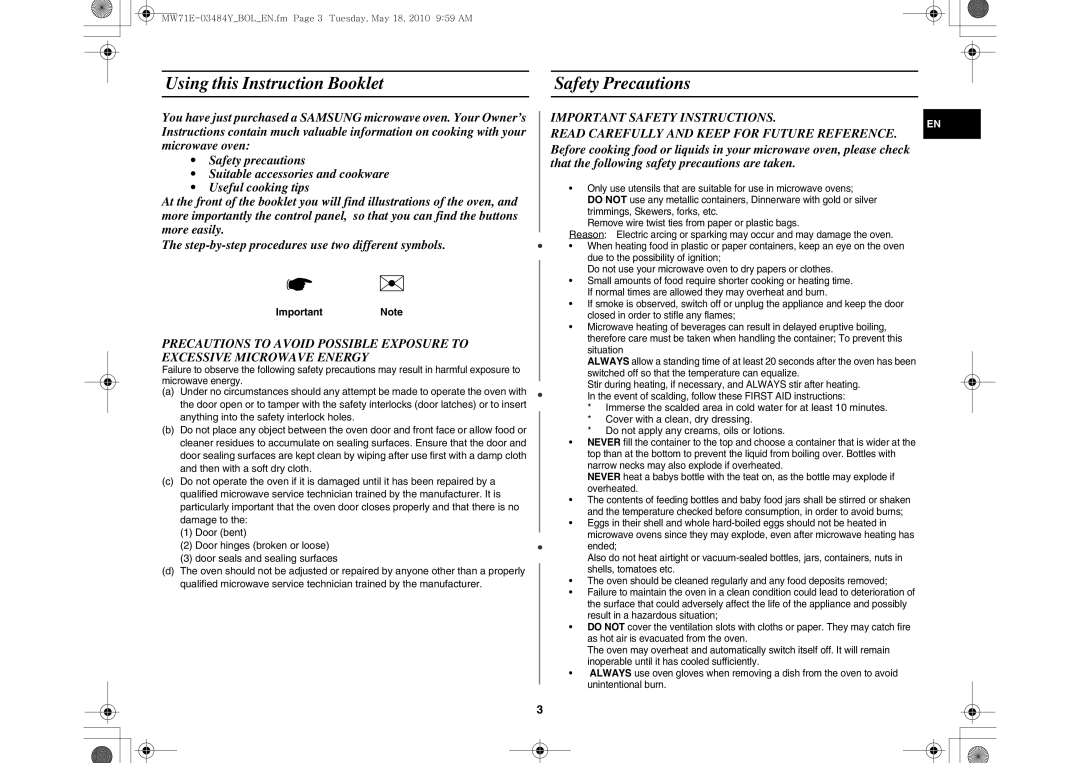 Samsung MW71E/XEH, MW71E/BOL manual Using this Instruction Booklet Safety Precautions, Important Note 