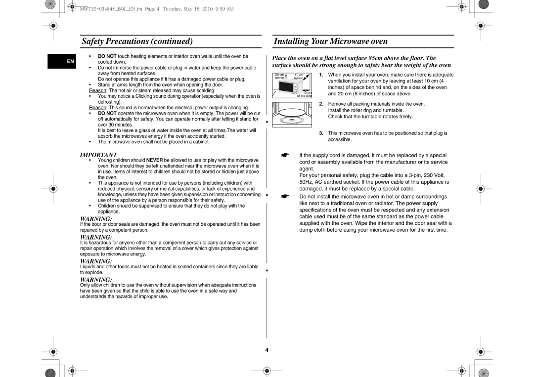 Samsung MW71E/BOL, MW71E/XEH manual Safety Precautions Installing Your Microwave oven, Over 30 minutes 